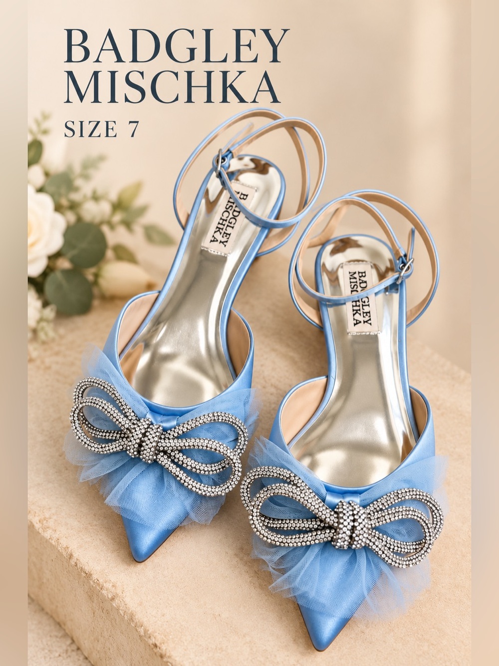 Badgley Mischka Blue Crystal Bow Pointed Toe Flats Size 7